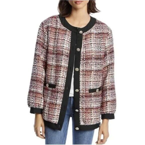 Lini Autumn Stripe Pink Long Sleeve Collarless Tweed Jacket Blazer Size Small - Picture 1 of 15